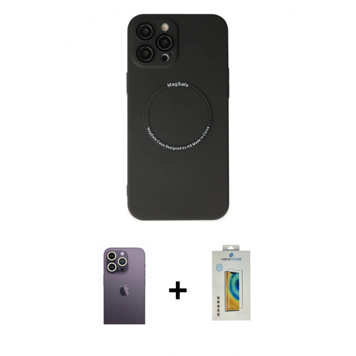 MARSİLYAN™- iPhone 12 Pro Kılıf Zirve Klasik Prime - Siyah Polymer Nano Ekran Koruyucu + Neon Fosforlu Kamera Lens - BZ