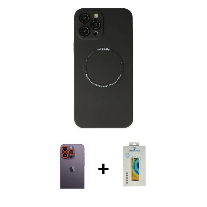 MARSİLYAN™- iPhone 12 Pro Kılıf Zirve Klasik Prime - Siyah Polymer Nano Ekran Koruyucu + Neon Fosforlu Kamera Lens - TU