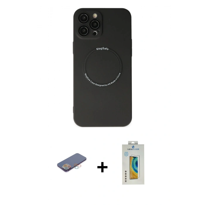 MARSİLYAN™- iPhone 12 Pro Kılıf Zirve Klasik Prime - Siyah Polymer Nano Ekran Koruyucu + Renkli Kamera Lens Koruma Cam - PE