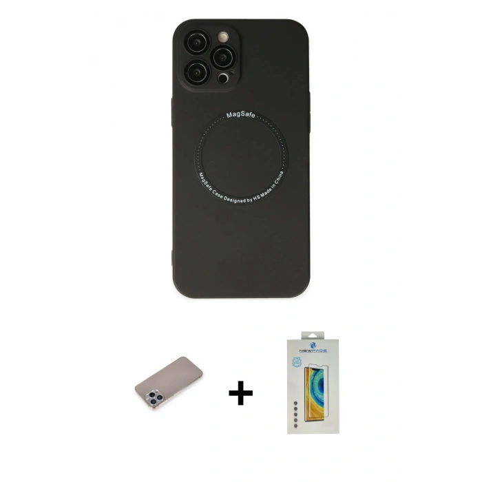 MARSİLYAN™- iPhone 12 Pro Kılıf Zirve Klasik Prime - Siyah Polymer Nano Ekran Koruyucu + Shine Kamera Lens Koruma Cam - SABE