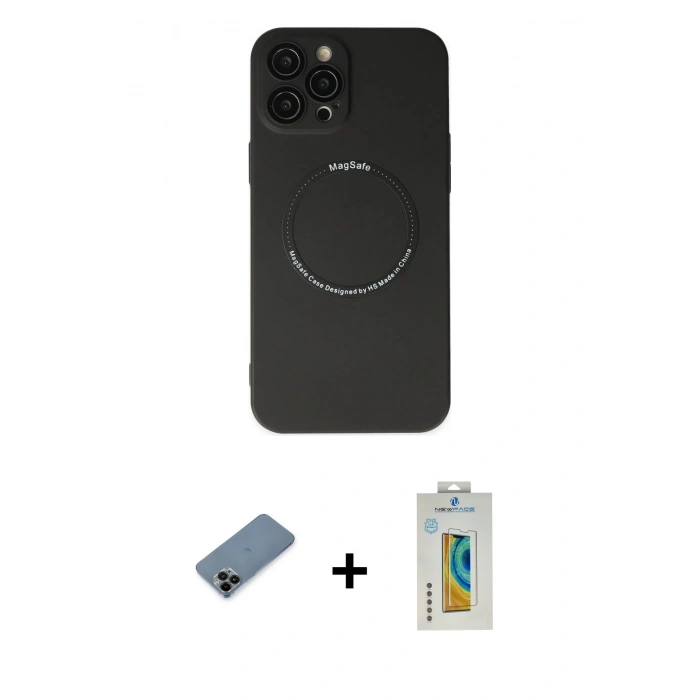 MARSİLYAN™- iPhone 12 Pro Kılıf Zirve Klasik Prime - Siyah Polymer Nano Ekran Koruyucu + Shine Kamera Lens Koruma Cam - SH