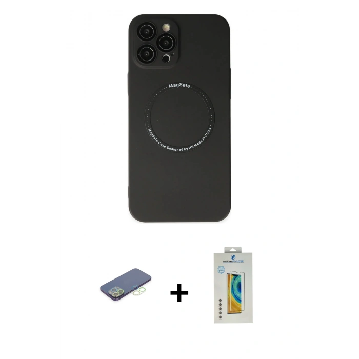 MARSİLYAN™- iPhone 12 Pro Kılıf Zirve Klasik Prime - Siyah Polymer Nano Ekran Koruyucu + Renkli Kamera Lens Koruma Cam - YL