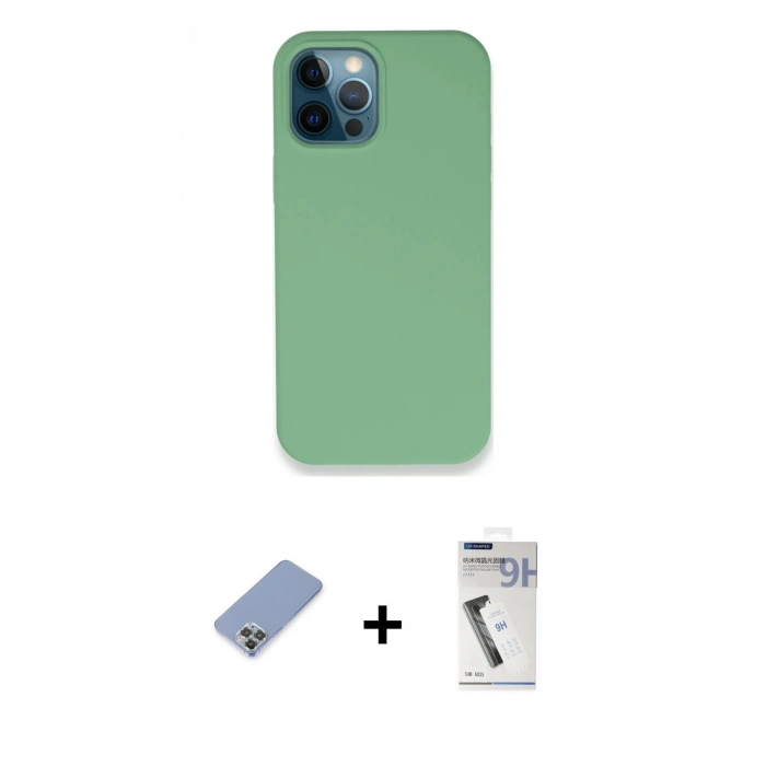 MARSİLYAN™- iPhone 12 Pro Kılıf Zirve Modern Özel Seri - Şeffaf Uv Polymer Nano Ekran Koruyucu + Koyu Yeşil Metal Kamera Lens Koruma Cam