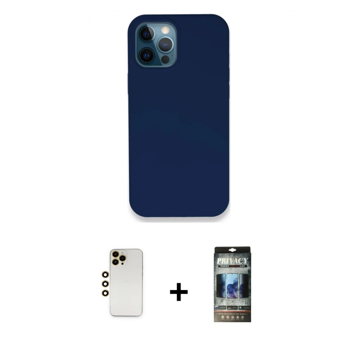 MARSİLYAN™- iPhone 12 Pro Kılıf Zirve Modern Özel Seri - Siyah 34D Hayalet Izgaralı Cam + Shine Kamera Lens - GD