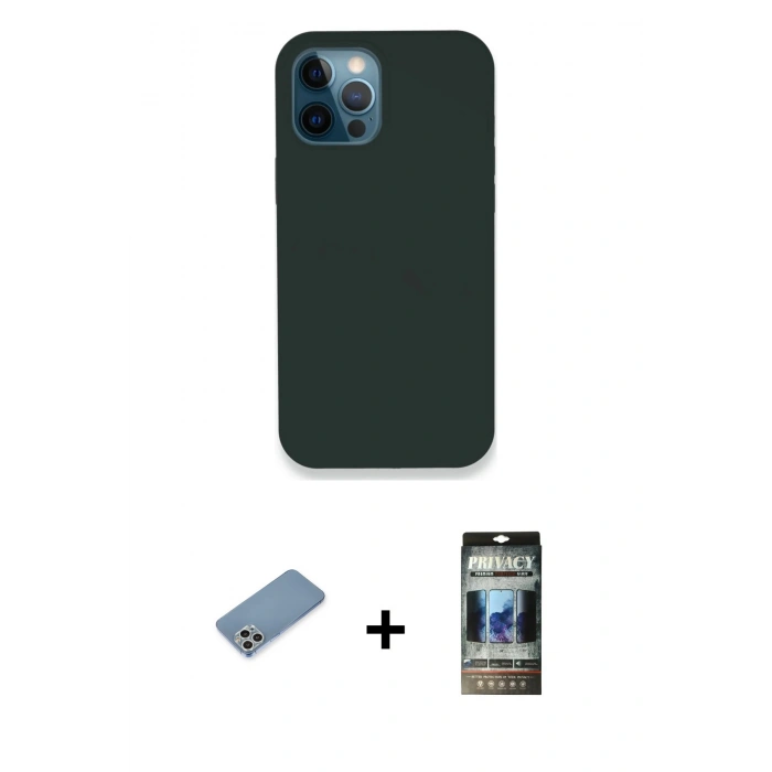 MARSİLYAN™- iPhone 12 Pro Kılıf Zirve Modern Özel Seri - Siyah 34D Hayalet Izgaralı Cam + Shine Kamera Lens Koruma Cam - GS