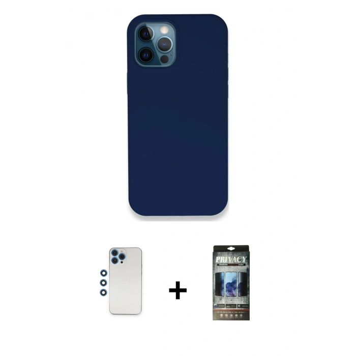 MARSİLYAN™- iPhone 12 Pro Kılıf Zirve Modern Özel Seri - Siyah 34D Hayalet Izgaralı Cam + Shine Kamera Lens - MI