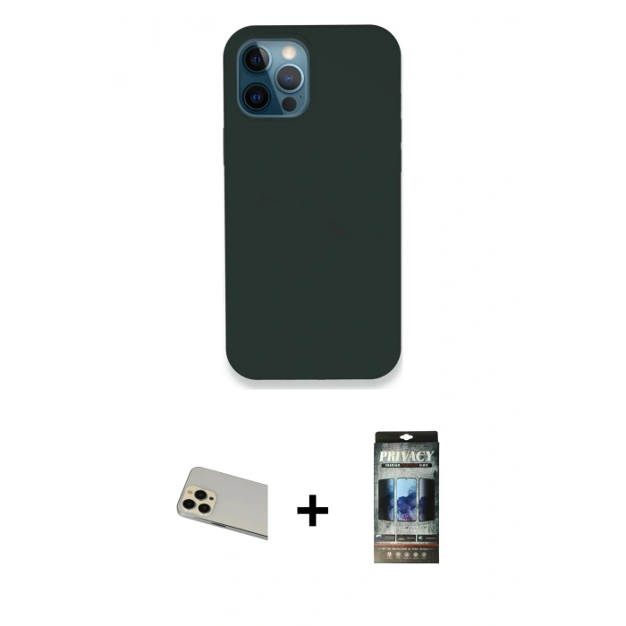 MARSİLYAN™- iPhone 12 Pro Kılıf Zirve Modern Özel Seri - Siyah 34D Hayalet Izgaralı Cam + Rainbow Kamera Lens Koruma Cam - GD