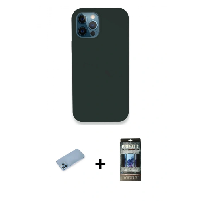 MARSİLYAN™- iPhone 12 Pro Kılıf Zirve Modern Özel Seri - Siyah 34D Hayalet Izgaralı Cam + Shine Kamera Lens Koruma Cam - MI
