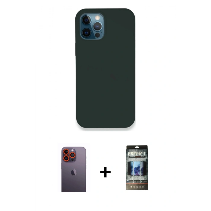 MARSİLYAN™- iPhone 12 Pro Kılıf Zirve Modern Özel Seri - Siyah 34D Hayalet Izgaralı Cam + Neon Fosforlu Kamera Lens - TU