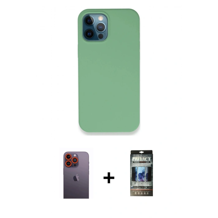 MARSİLYAN™- iPhone 12 Pro Kılıf Zirve Modern Özel Seri - Siyah 34D Hayalet Izgaralı Cam + Neon Fosforlu Kamera Lens - TU