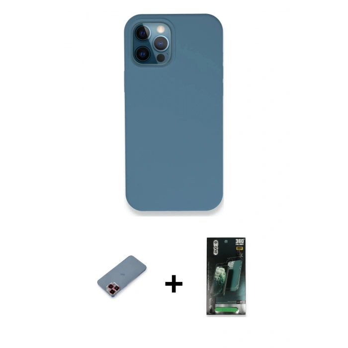 MARSİLYAN™- iPhone 12 Pro Kılıf Zirve Modern Özel Seri - Siyah 360 Mat Full Body Arka Koruyucu + Metal Kamera Lens Koruma Cam - KI