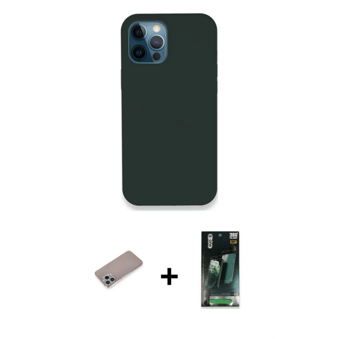 MARSİLYAN™- iPhone 12 Pro Kılıf Zirve Modern Özel Seri - Siyah 360 Mat Full Body Arka Koruyucu + Shine Kamera Lens Koruma Cam - SABE