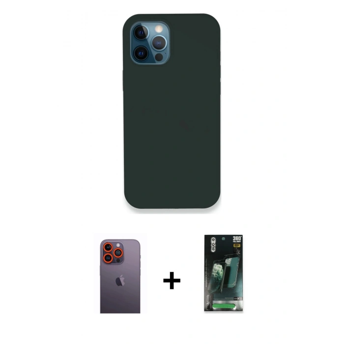 MARSİLYAN™- iPhone 12 Pro Kılıf Zirve Modern Özel Seri - Siyah 360 Mat Full Body Arka Koruyucu + Neon Fosforlu Kamera Lens - TU