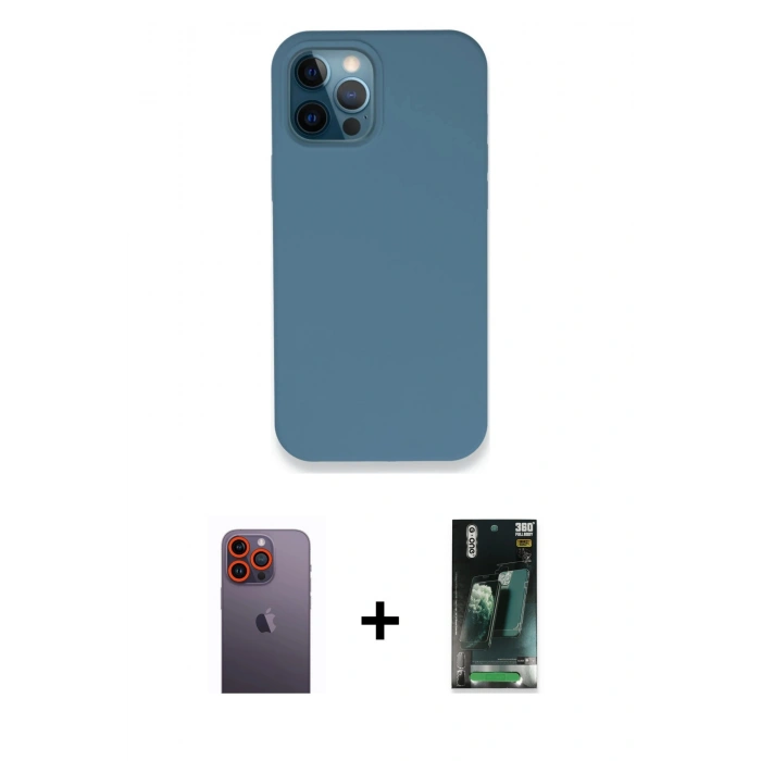 MARSİLYAN™- iPhone 12 Pro Kılıf Zirve Modern Özel Seri - Siyah 360 Mat Full Body Arka Koruyucu + Neon Fosforlu Kamera Lens - TU