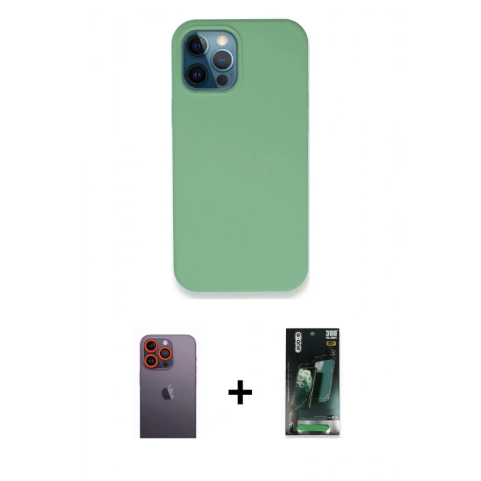 MARSİLYAN™- iPhone 12 Pro Kılıf Zirve Modern Özel Seri - Siyah 360 Mat Full Body Arka Koruyucu + Neon Fosforlu Kamera Lens - TU