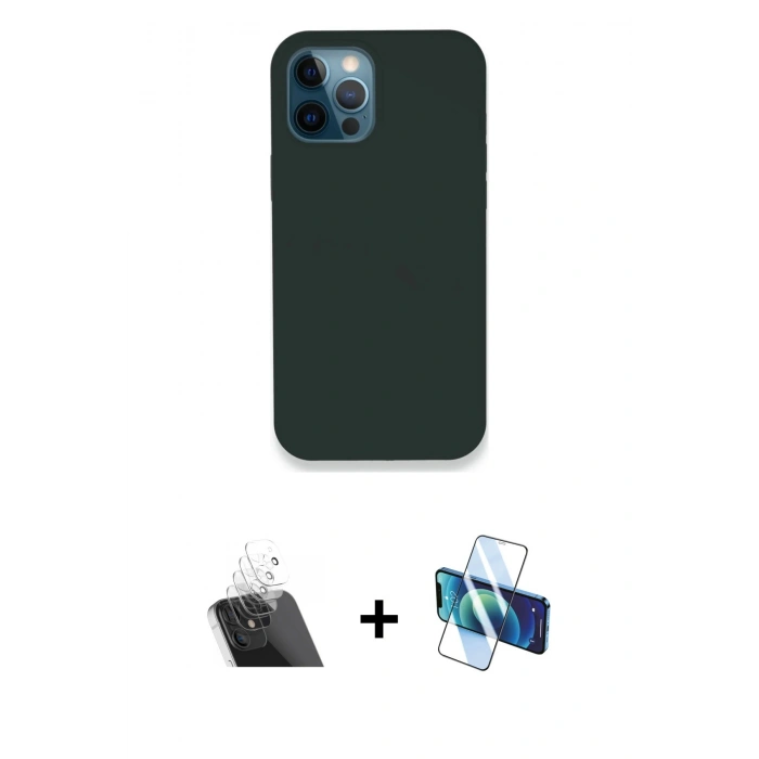 MARSİLYAN™- iPhone 12 Pro Kılıf Zirve Modern Özel Seri - Siyah 3D Antistatik Cam Ekran Koruyucu + Kamera Lens Koruma Cam - SF