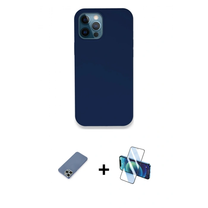 MARSİLYAN™- iPhone 12 Pro Kılıf Zirve Modern Özel Seri - Siyah 3D Antistatik Cam Ekran Koruyucu + Metal Kamera Lens Koruma Cam - AKYL