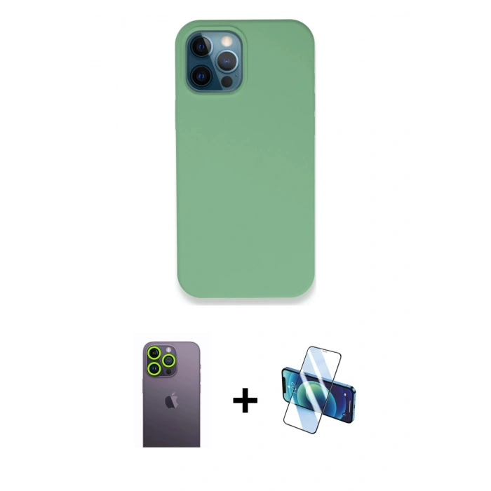 MARSİLYAN™- iPhone 12 Pro Kılıf Zirve Modern Özel Seri - Siyah 3D Antistatik Cam Ekran Koruyucu + Neon Fosforlu Kamera Lens - YL