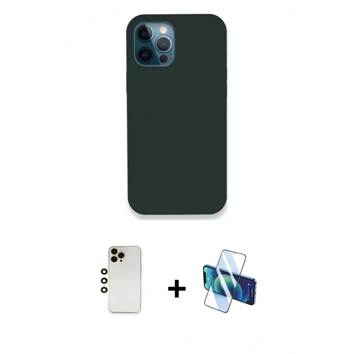 MARSİLYAN™- iPhone 12 Pro Kılıf Zirve Modern Özel Seri - Siyah 3D Antistatik Cam Ekran Koruyucu + Shine Kamera Lens - GD