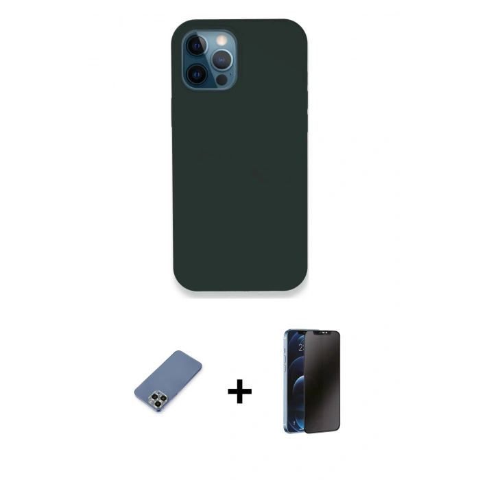 MARSİLYAN™- iPhone 12 Pro Kılıf Zirve Modern Özel Seri - Siyah 3D Antistatik Hayalet Cam Ekran Koruyucu + Metal Kamera Lens Koruma Cam - AKYL