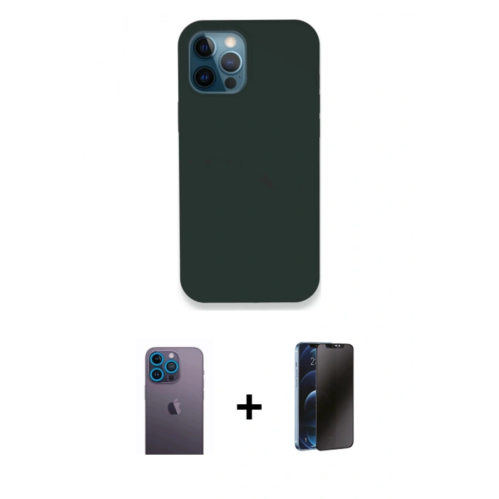 MARSİLYAN™- iPhone 12 Pro Kılıf Zirve Modern Özel Seri - Siyah 3D Antistatik Hayalet Cam Ekran Koruyucu + Neon Fosforlu Kamera Lens - MI
