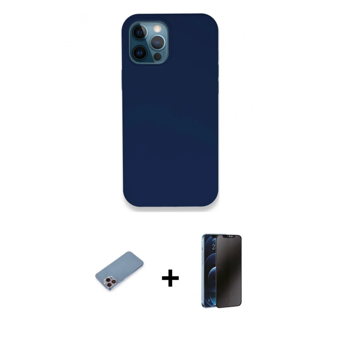 MARSİLYAN™- iPhone 12 Pro Kılıf Zirve Modern Özel Seri - Siyah 3D Antistatik Hayalet Cam Ekran Koruyucu + Shine Kamera Lens Koruma Cam - PE