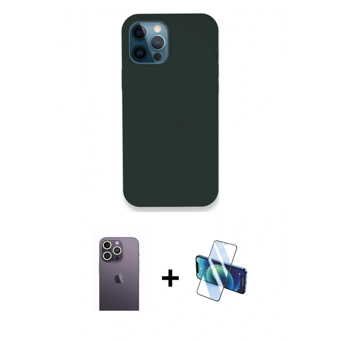 MARSİLYAN™- iPhone 12 Pro Kılıf Zirve Modern Özel Seri - Siyah 3D Antistatik Seramik Nano Ekran Koruyucu + Neon Fosforlu Kamera Lens - BZ