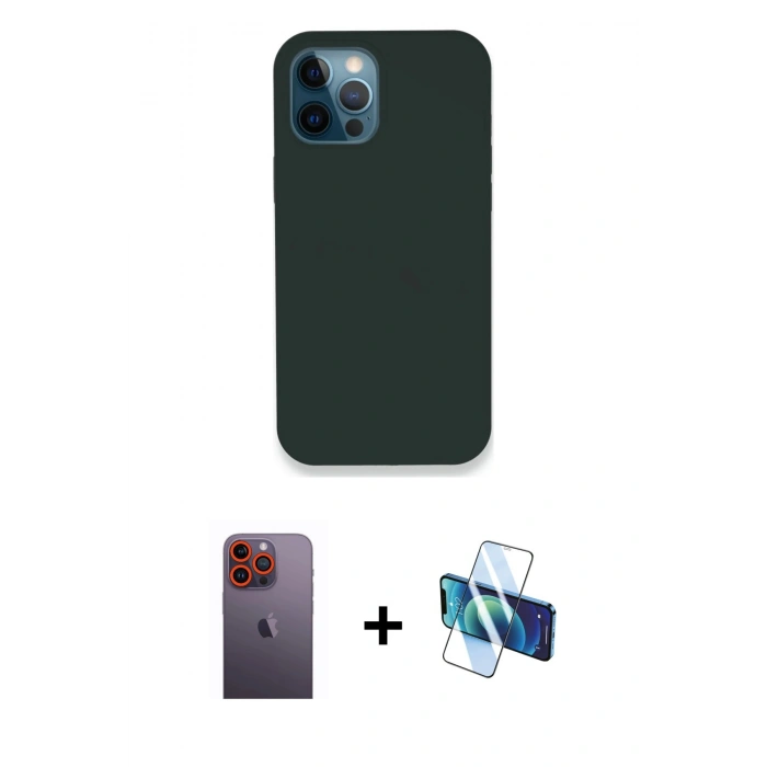 MARSİLYAN™- iPhone 12 Pro Kılıf Zirve Modern Özel Seri - Siyah 3D Antistatik Seramik Nano Ekran Koruyucu + Turuncu Neon Fosforlu Kamera Lens