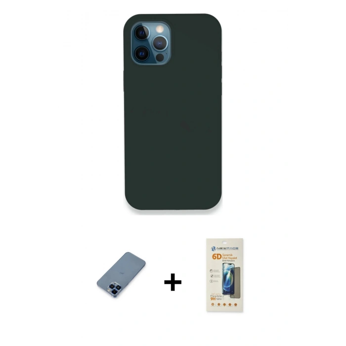 MARSİLYAN™- iPhone 12 Pro Kılıf Zirve Modern Özel Seri - Siyah 6D Mat Seramik Hayalet Nano Ekran Koruyucu + Metal Kamera Lens Koruma Cam - MI