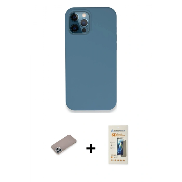 MARSİLYAN™- iPhone 12 Pro Kılıf Zirve Modern Özel Seri - Siyah 6D Mat Seramik Hayalet Nano Ekran Koruyucu + Sierra Blue Shine Kamera Lens Koruma Cam