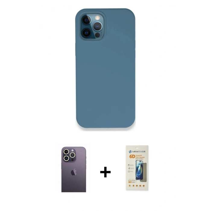MARSİLYAN™- iPhone 12 Pro Kılıf Zirve Modern Özel Seri - Siyah 6D Mat Seramik Hayalet Nano Ekran Koruyucu + Neon Fosforlu Kamera Lens - BZ