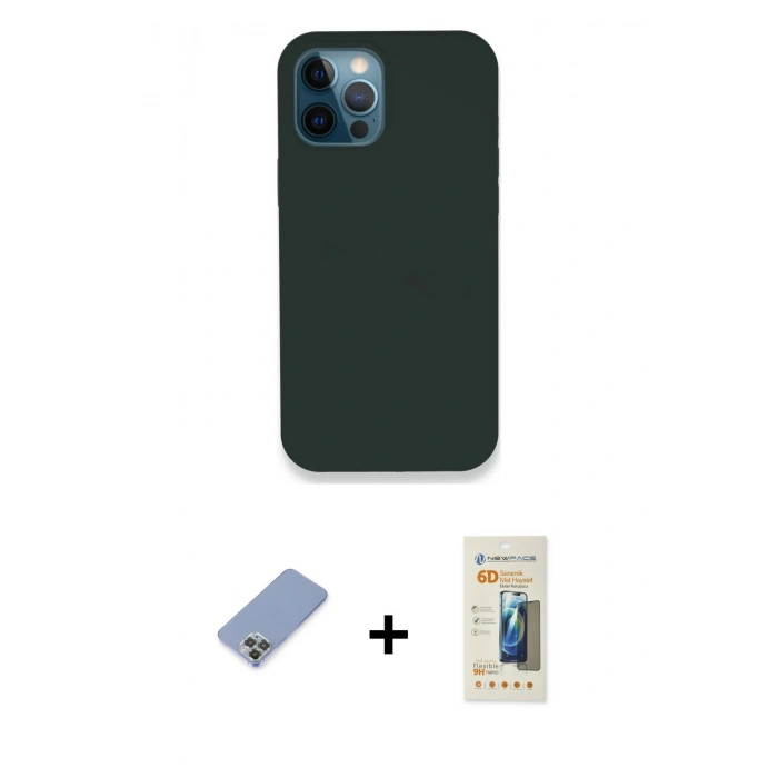MARSİLYAN™- iPhone 12 Pro Kılıf Zirve Modern Özel Seri - Siyah 6D Mat Seramik Hayalet Nano Ekran Koruyucu + Metal Kamera Lens Koruma Cam - KUYL