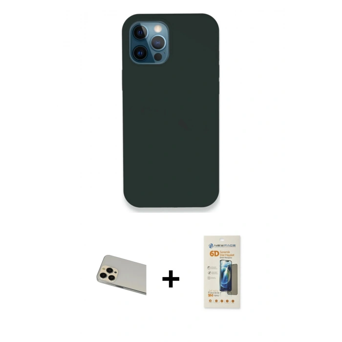 MARSİLYAN™- iPhone 12 Pro Kılıf Zirve Modern Özel Seri - Siyah 6D Mat Seramik Hayalet Nano Ekran Koruyucu + Rainbow Kamera Lens Koruma Cam - GD
