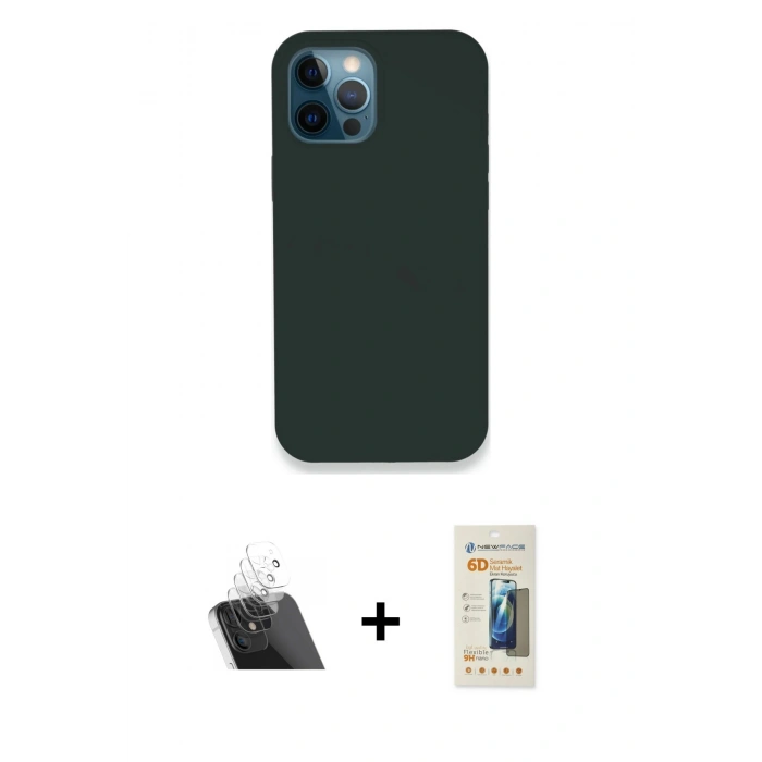 MARSİLYAN™- iPhone 12 Pro Kılıf Zirve Modern Özel Seri - Siyah 6D Mat Seramik Hayalet Nano Ekran Koruyucu + Şeffaf Kamera Lens Koruma Cam