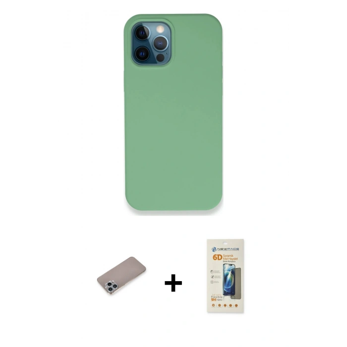 MARSİLYAN™- iPhone 12 Pro Kılıf Zirve Modern Özel Seri - Siyah 6D Mat Seramik Hayalet Nano Ekran Koruyucu + Sierra Blue Shine Kamera Lens Koruma Cam