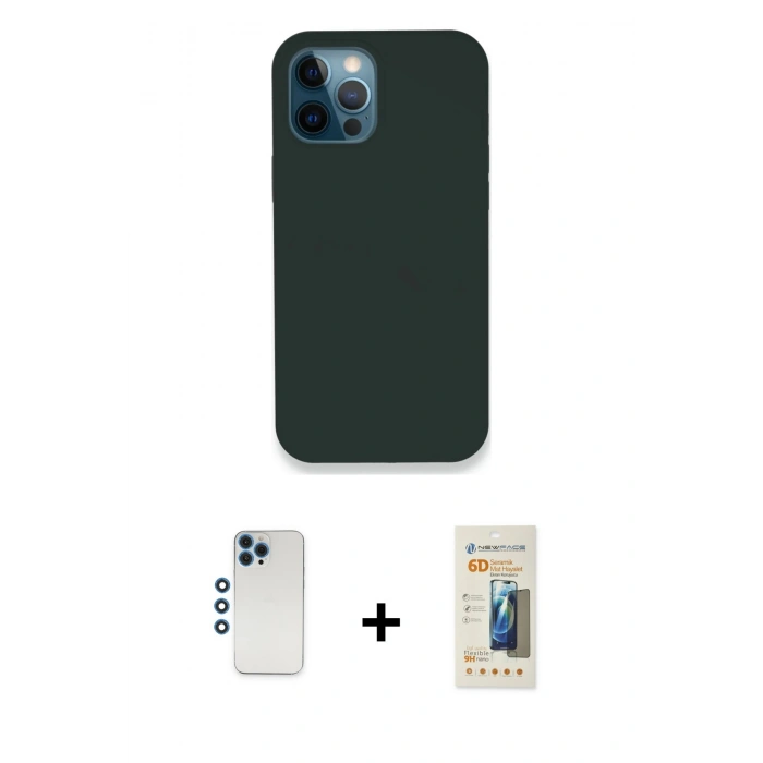 MARSİLYAN™- iPhone 12 Pro Kılıf Zirve Modern Özel Seri - Siyah 6D Mat Seramik Hayalet Nano Ekran Koruyucu + Shine Kamera Lens - MI