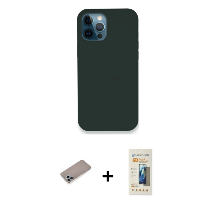 MARSİLYAN™- iPhone 12 Pro Kılıf Zirve Modern Özel Seri - Siyah 6D Mat Seramik Hayalet Nano Ekran Koruyucu + Sierra Blue Shine Kamera Lens Koruma Cam