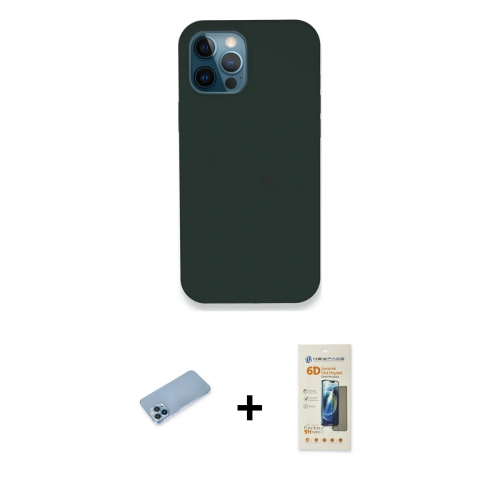 MARSİLYAN™- iPhone 12 Pro Kılıf Zirve Modern Özel Seri - Siyah 6D Mat Seramik Hayalet Nano Ekran Koruyucu + Shine Kamera Lens Koruma Cam - MI
