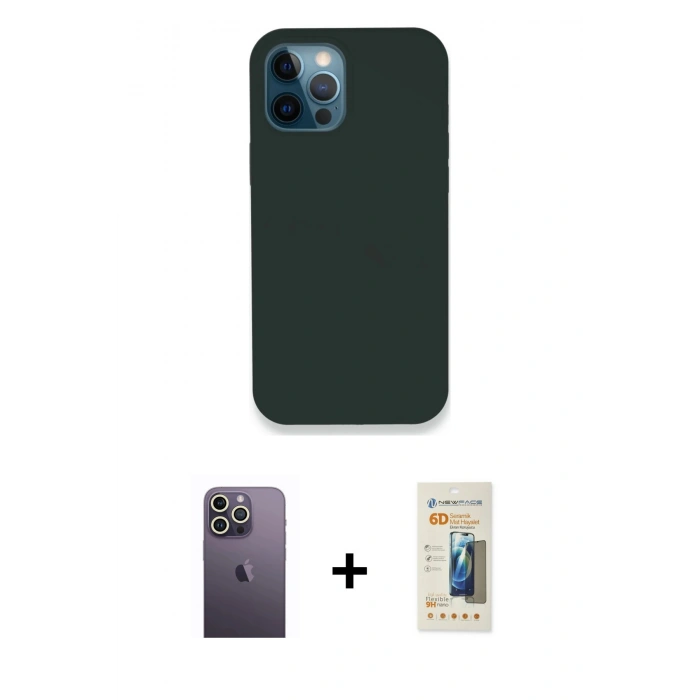 MARSİLYAN™- iPhone 12 Pro Kılıf Zirve Modern Özel Seri - Siyah 6D Mat Seramik Hayalet Nano Ekran Koruyucu + Neon Fosforlu Kamera Lens - BZ