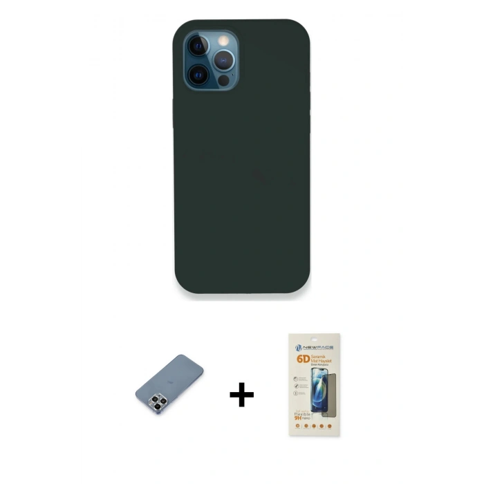 MARSİLYAN™- iPhone 12 Pro Kılıf Zirve Modern Özel Seri - Siyah 6D Mat Seramik Hayalet Nano Ekran Koruyucu + Metal Kamera Lens Koruma Cam - GS