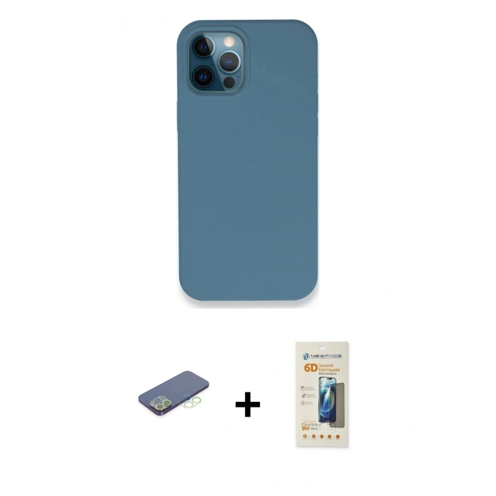 MARSİLYAN™- iPhone 12 Pro Kılıf Zirve Modern Özel Seri - Siyah 6D Mat Seramik Hayalet Nano Ekran Koruyucu + Yeşil Renkli Kamera Lens Koruma Cam
