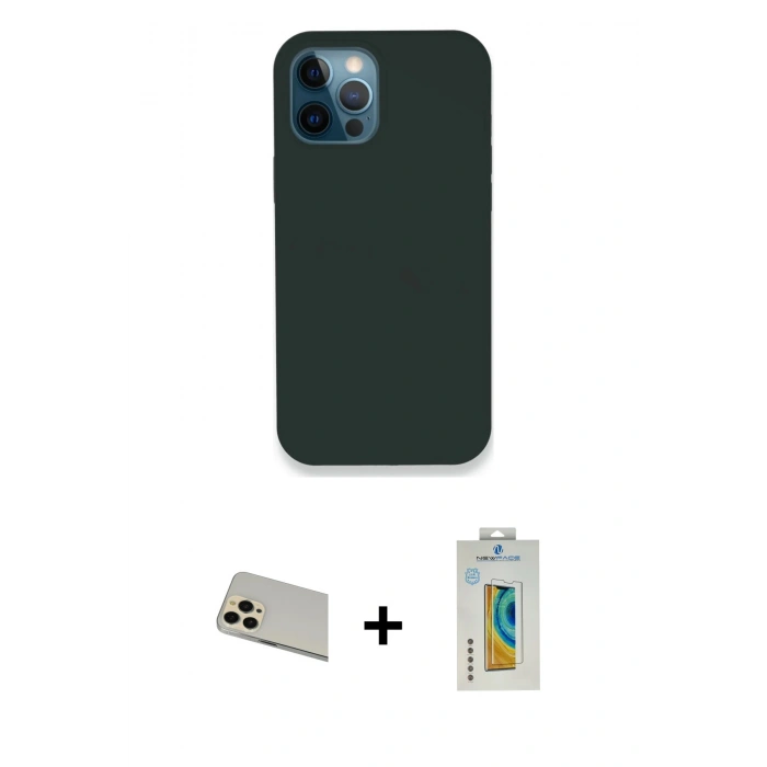 MARSİLYAN™- iPhone 12 Pro Kılıf Zirve Modern Özel Seri - Siyah Polymer Nano Ekran Koruyucu + Rainbow Kamera Lens Koruma Cam - GD