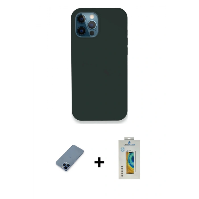 MARSİLYAN™- iPhone 12 Pro Kılıf Zirve Modern Özel Seri - Siyah Polymer Nano Ekran Koruyucu + Metal Kamera Lens Koruma Cam - MI