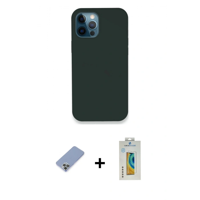 MARSİLYAN™- iPhone 12 Pro Kılıf Zirve Modern Özel Seri - Siyah Polymer Nano Ekran Koruyucu + Metal Kamera Lens Koruma Cam - KUYL