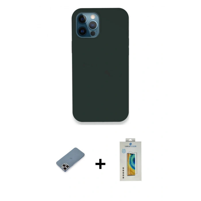 MARSİLYAN™- iPhone 12 Pro Kılıf Zirve Modern Özel Seri - Siyah Polymer Nano Ekran Koruyucu + Metal Kamera Lens Koruma Cam - MR