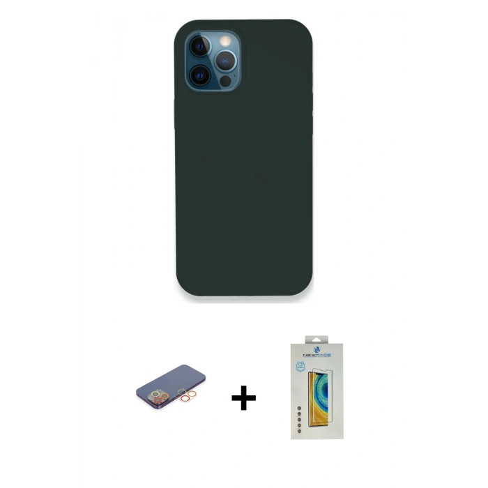 MARSİLYAN™- iPhone 12 Pro Kılıf Zirve Modern Özel Seri - Siyah Polymer Nano Ekran Koruyucu + Renkli Kamera Lens Koruma Cam - TU