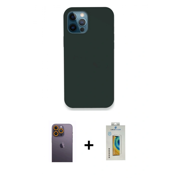 MARSİLYAN™- iPhone 12 Pro Kılıf Zirve Modern Özel Seri - Siyah Polymer Nano Ekran Koruyucu + Neon Fosforlu Kamera Lens - SI