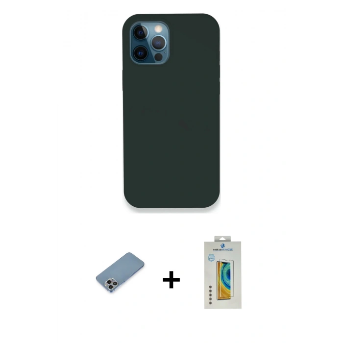 MARSİLYAN™- iPhone 12 Pro Kılıf Zirve Modern Özel Seri - Siyah Polymer Nano Ekran Koruyucu + Shine Kamera Lens Koruma Cam - GI