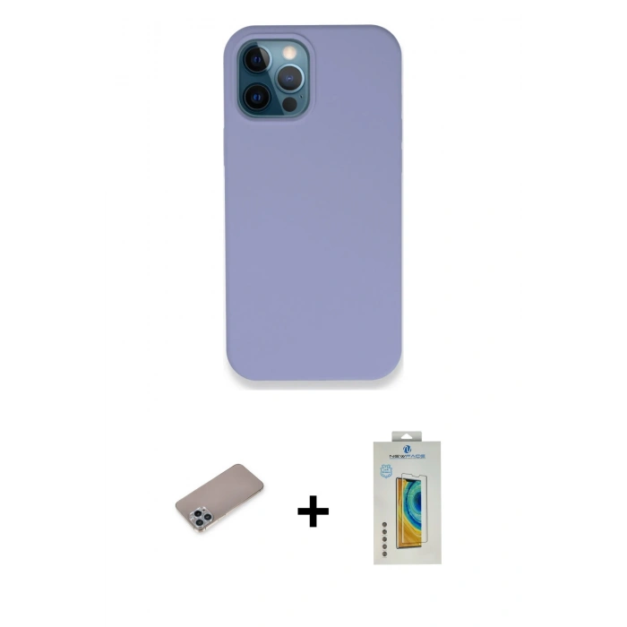 MARSİLYAN™- iPhone 12 Pro Kılıf Zirve Modern Özel Seri - Siyah Polymer Nano Ekran Koruyucu + Sierra Blue Shine Kamera Lens Koruma Cam