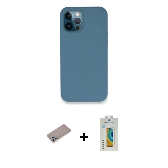 MARSİLYAN™- iPhone 12 Pro Kılıf Zirve Modern Özel Seri - Siyah Polymer Nano Ekran Koruyucu + Sierra Blue Shine Kamera Lens Koruma Cam